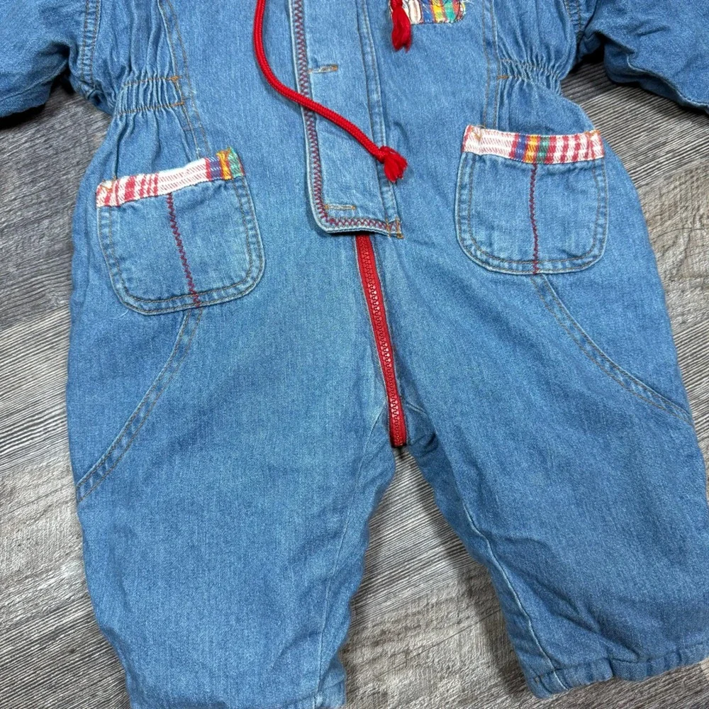 Vintage Baby Club Denim Hooded Snowsuit Blue Teddy‎ Bear Plaid Lined Kids